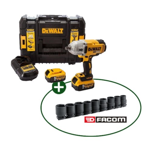 Zestaw: klucz udarowy 1/2" 18V 2x5Ah Li-Ion 950Nm Dewalt i 9 nasadek udarowych 1/2" 13-24 mm Facom