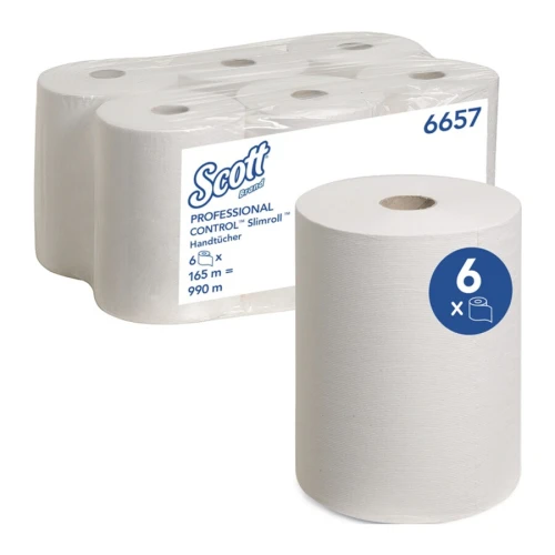 Ręcznik papierowy w rolce 6657, 1-warstwowy, gładki, biały, Dł. 151xSzer. 198 mm pasuje do 9000469674, 6 rolek/op., Scott