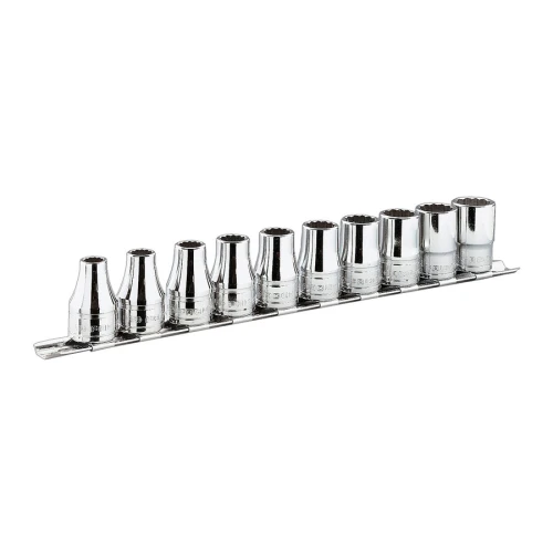 Zestaw 10 kluczy nasadowych 12-kątnych 3/8" na szynie 7-16 mm
